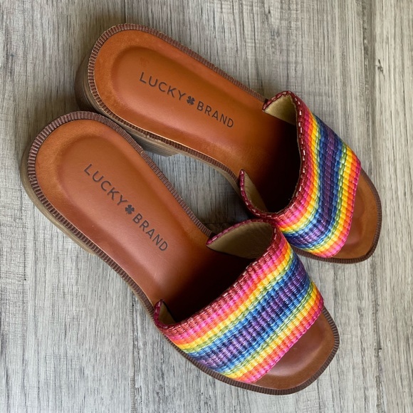 Lucky Brand Rainbow Color Woven Slide Sandals Stacked Heel Open Toe SZ 5.5 - Picture 4 of 13